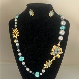 Alexis Bittar Gold and Turquoise Necklace & Earrings Set with Pearl Accents